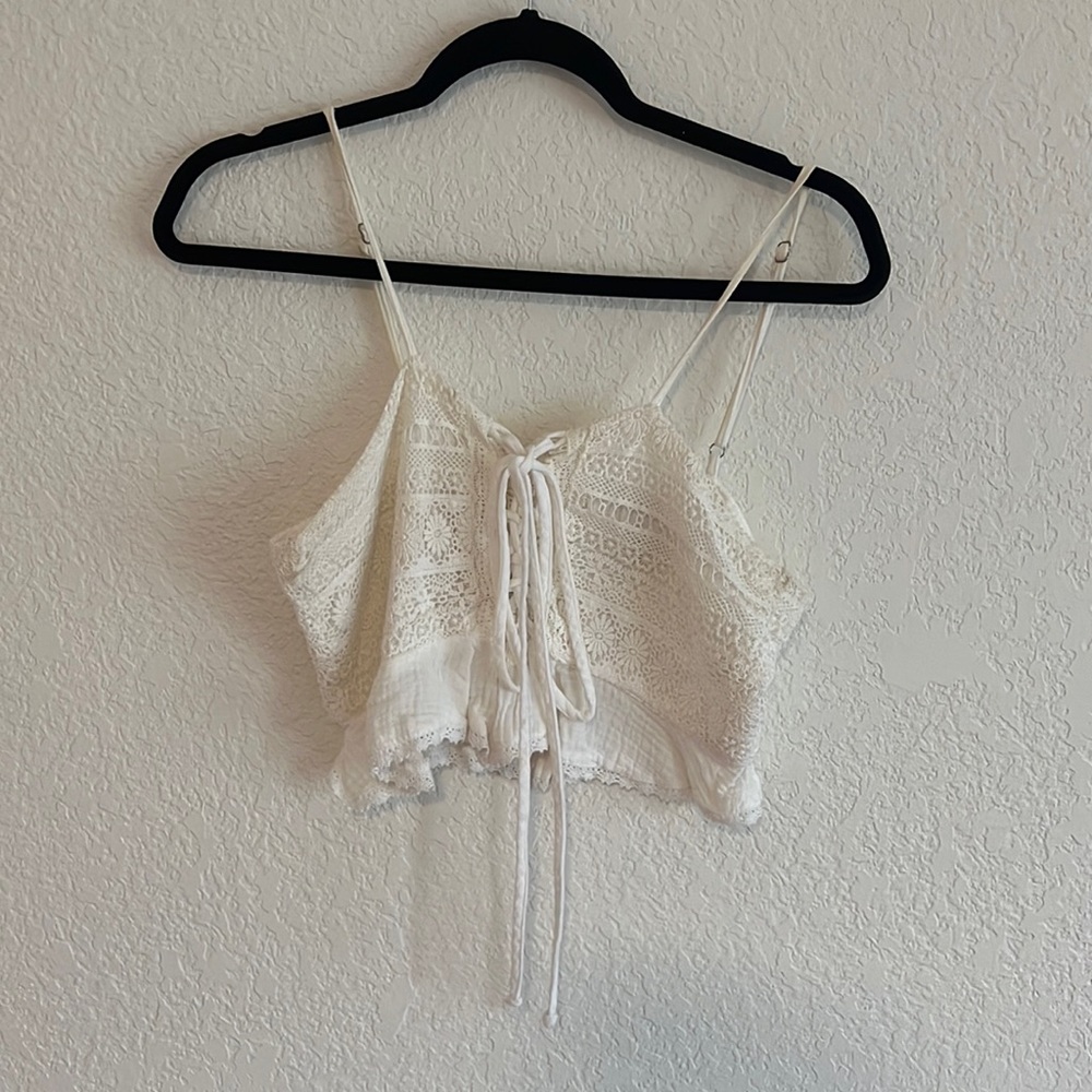 LF white crochet crop tank top